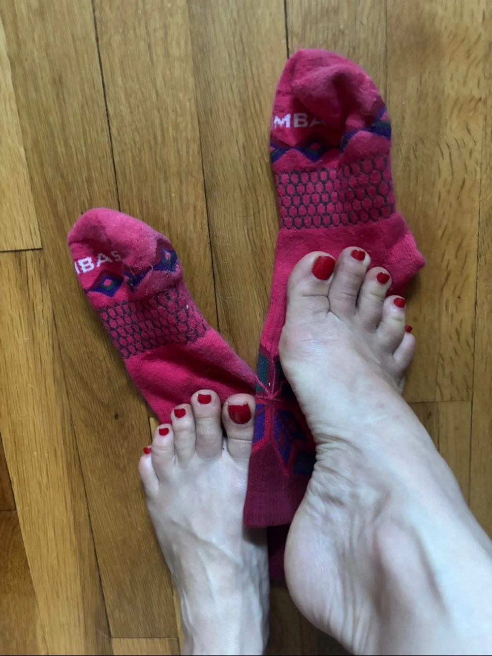 Bombas Red Athletic Cushioned Ankle Socks with Pattern
